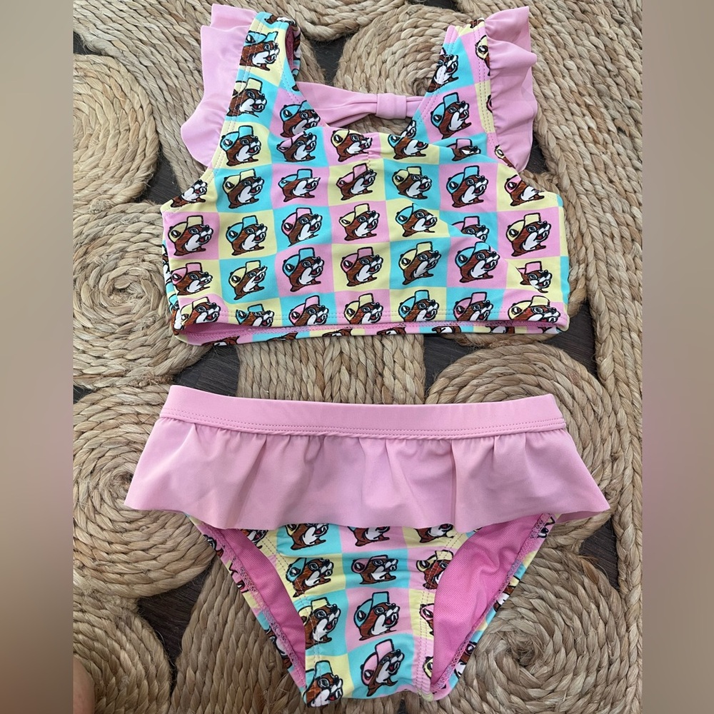 BUC-EE'S Infant Girl's 2 Piece Swim Ruffle Suit 4T Buc-ee The Beaver Print
